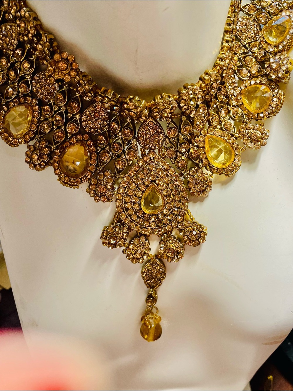 Ornate Gold-Tone Teardrop Crystal Necklace in Yellow